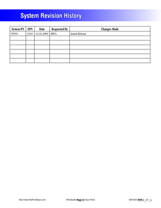 System Revision History
System PN EPN             Date      Requested By                             Changes Made
55591          3310 12.16.2009 BWG                 Initial Release




        http://www.MyPoolSpas.com             Wholesale Pool and Spa Parts
                                                        Page 2                              920-925-3094
                                                                                                    55591_97_A
 