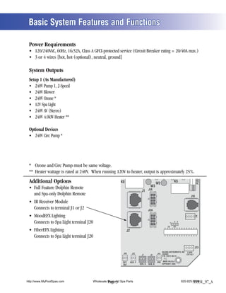 Basic System Features and Functions

 Power Requirements



 System Outputs
 Setup 1 (As Manufactured)




              (Stereo)


 Optional Devices




                                                                                                                                  FUSE
 Additional Options                                  K8                                   W2
                                                                                                               K5
                                                                                   W3
                                                                          J1 J1A
    and Spa-only Dolphin Remote                                                                                            J10



                                                                                 J2A
                                                                                                                                 J18




                                                                                                               2 3
                                                                                                          1
                                                                                                     U4       J12

                                                          J2



                                                                                                                                 J13
                                                                                              BALBOA INSTRUMENTS, INC. 2-SPD
                                                       J60      J22                       J44 VS500Z                   EXT RLY
                                                                         J7       J8
                                                                                              P/N 22972 REV D


                                                      EXT.     AUX. F                     VAC MADE IN U.S.A
                                                      RLY               SEN. A   SEN. B        COPYRIGHT 2005




http://www.MyPoolSpas.com         Wholesale Pool and Spa Parts
                                            Page 3                                                                   920-925-3094
                                                                                                                             55591_97_A
 