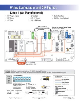 Wiring Configuration and DIP Settings
            Setup 1 (As Manufactured)
                                                                                                                  (Stereo)



                                                                                                                           PCBA Rev D & E only.
                                                                                                                                                                                        Ozone and Circ Pump must be same voltage.
                                                                                                                           Black jumper required.
                                                                                                                                                                                        Do not remove Fuse F7 (20A)
                                                                                                                           Do not remove.
                                                                                                                      K1                                                            F7 FUSE 20A 250V                                  J47




                                                                                                                                                                                                                              J46
                                                                                                                                                                       W10                                                                         J29
      CLASS G FUSE 30A                                  BLK AC                            K6 J23                                                     J50
                                             F5           J61    J62                                         J74
                                                                                                                                                                                                                                                                             F1




                                                                                                                                                 Audio Visual
                                                                                             2-Spd P1
                                                                                                                                                                                                                                                                      J20




                                                                                                                                                                                   J17/26




                                                                                                                                                                                                                                                  Ozone
                                                                                                                                                                         Blower




                                                                                                                                                                                                                                                                                   FUSE 3A 250V
                                  WHT AC
                                    T




                                                                                                                                                                                                                                                                        C
                                                                                                              J73




                                                                                                                                                                                                                                                                     Light
                                                                                                                                                                                                                                      C




                                                                                                                                                                                                                                                           C


                                                                                                                                                                                                                                                                     12V
                                                                                                  C




                                                                                                                                                                             C
                                                                                                                                                         C




                                                                                                                                                                                                                                      G




                                                                                                                                                                                                                                                                       G
                                                                                                                                                                                                                                                           G
                                                                                                                                                                                       W7



                                                                                                                                       W4
                                                                                                 G




                                                                                                                                                                             G
                                                                                                                                                         G
                    J11    J15    J16 J25 J63 J64
      J66 J65
                                                                                                             W1                                                                                  K8                                                         K5
                                                                                                                                                                                                                                      W2
                                                                                                                                        T1                                             K9                                      W3
                                 NEUTRAL




                                                                              F4 FUSE .3A 250V
                                                                                                                                                                                                                      J1 J1A
                                  WHITE




                                                                                                                                                                                                                                                                             J10
                                 BLACK
                                  HOT




                                                                                                                                                                                                                             J2A
                                                                                                                                                                                                                                                 VS50x mode




                                                                                                                                                                                                                                                                                   J18
          TORQUE
          RANGE
                                 RED
                                 HOT




                                                                                                                                                                                                                                                               2 3
          FOR TB1:                                                                                      K3                                                                                                                                             1
K4        27-30 IN. LBS.                                                                                                                                                                                                                          U4       J12
                                                                                                        K2
                                                                TB1                                                                                                                                   J2
                            J32 J33 J34          J35                                                                                                                                  J43

                            J36            J37                                                          F2
                                  RED AC                                                                                                                                                                                                                                          J13
                                                                                                                                                                                                                                           BALBOA INSTRUMENTS, INC. 2-SPD
                                                                                                                                                                                                  J60       J22                        J44 VS500Z                   EXT RLY
                                                                                                                                                                                                                     J7       J8

            Balboa                                 HTR2                HTR1                                                                                                                 J6
                                                                                                                                             E.GND




                                                                                                                                                                                                                                           P/N 22972 REV D


                   J100                                   J101                                                                                                                       S1 TST       EXT.     AUX. F                      VAC MADE IN U.S.A
                                                                                                                                                                    SWITCHBANK A                  RLY               SEN. A   SEN. B         COPYRIGHT 2005


                                                                                  Heater rated @ 240V
                                                       4.0 kW                     (Approx. 1kW @ 120V)




WARNING: Main Power to system should be turned OFF BEFORE adjusting DIP switches.
WARNING: Persistent Memory (J43) must be RESET to allow new DIP switch settings to take effect. (See Persistent Memory page)


  SSID #                                                                                                                           VS50x Compatible                                                     Wiring Color Key
                                                                                                                                                                                                                                    120 Volt Connections
     100                                                                                                                         J12                                                                                                240 Volt Connections
     63                                                                                                                                      1                  2       3
                                                                                                                                                                                                                                    Black AC Jumpers
     43                                                                                                                                                                                                                             12 Volt Connections
                      A1, Test Mode OFF
                                                                                                                                                                                                                                    Relay Control Wires
                      A2, Mode changes allowed A7, J17/26, P1, TE, LT
                                                                                                                                        J43
                                                                                                                                                                                                        Board Connector Key
                                                                                                                                                                Memory
                                                                              A9, Non-Circ Mode
                      A5, 2-speed P1                                                                                                                            Reset                                 1
                                                                              A10, High Amp mode                                                                                                                    Typically Line voltage
                                                                                                                                                                                                      2             Typically Line voltage for 2-speed pumps
     Panel Button Assignments                                                                Panel Button Positions
                                                                                                                                                                                                      3             Neutral (Common)
     1=J17/26                      3=Temp                                                                                    1
                                                                                                                                                                                                      4
     2=Pump 1                      4=Light                                    1      2              3             4                                       3                                                         Ground
                                                                                                                             4    2
                                                                                                                                                                                                                    Note flat sides in connector


         http://www.MyPoolSpas.com                                                             Wholesale Pool and Spa Parts
                                                                                                         Page 5                                                                                                                        920-925-3094
                                                                                                                                                                                                                                               55591_97_A
 