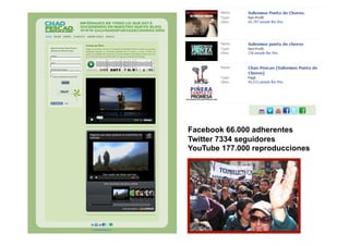 Facebook 66.000 adherentes
Twitter 7334 seguidores
YouTube 177.000 reproducciones
 