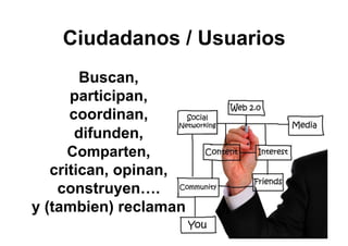 Ciudadanos / Usuarios
Buscan,
participan,
coordinan,
difunden,
Comparten,
critican, opinan,
construyen….
y (tambien) reclaman
 