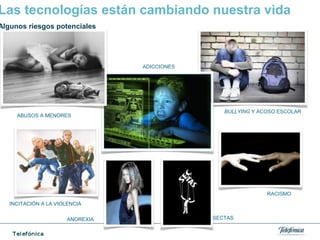 ANOREXIA SECTAS
RACISMO
ADICCIONES
INCITACIÓN A LA VIOLENCIA
BULLYING Y ACOSO ESCOLAR
ABUSOS A MENORES
Las tecnologías están cambiando nuestra vida
Algunos riesgos potenciales
 