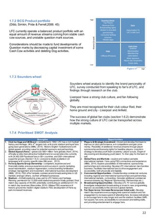 22
1.7.2 BCG Product portfolio
(Dibb, Simkin, Pride & Ferrell,2006: 45)
LFC currently operate a balanced product portfolio with an
equal amount of revenue streams coming from stable cash
cow sources, and unstable question mark sources.
Considerations should be made to fund developments of
Question marks by decreasing capital investment of some
Cash Cow activities and deleting Dog activities.
1.7.3 Sounders wheel
Sounders wheel analysis to identify the brand personality of
LFC, survey conducted from speaking to fan's of LFC, and
findings through research on the club.
Liverpool have a strong club culture, and fan following
globally.
They are most recognised for their club colour Red, their
home ground and city - Liverpool and Anfield.
The success of global fan clubs (section 1.6.2) demonstrate
how the strong culture of LFC can be transported across
multiple markets.
1.7.4 Prioritised SWOT Analysis
Strengths Opportunities
1. Club heritage and UKBrand – established in 1892, LFC has a rich football
history and heritage, UK’s 4th
largest club, w ith iconic stadium and loyal fans
going back generations (MMU, 2014). Historic English footballbrand w ith
global appeal, providing value for potential sponsors and partnerships.
2. Global Appeal (Fans) – globalclub 580+ million fans globally (Kent, 2014),
officially w orlds most attractive footballbrand on socialnetw orks currently
w ith 24,462,000 Facebookfans in 90+ countries, and 200+ international
supporter groups (Section 1.6.2). Liverpoolw ebsite available in 22
languages w ith country specific sites (McLaren, 2013).
3. Fenway Sports Group Ownership – competent, experienced and
financially stable, previous experience and successin; sports marketing,
asset maximisation, stadium regeneration, contra branding fertilisation,
strategic management and investment, international business development
(MMU, 2014). FSG offer fantastic commercialand broadcasting links in US
markets amongst others, via their affiliated businesses.
4. Stadium – Anfeild stadiumis a key part to LFC history and heritage.
Planning permission for 13,500-seat stadiumexpansion finally granted. Final
match day capacity of 59,000, potentially contributing an additional £31.7m
in match day revenues (Bascombe, 2014). Utilaise FSG experience of
historic ground into modern digital stadium, FSG development of Fenw ay
park increased revenues.
1. Players & Strategic Investment – Invest and develop first team to
improve on pitch performance, w in competitions and gain prize
money. Possibility of additional revenue streams through player
sponsorship and licensing rights for headline players. Long term
strategy to develop youth team academy / player scouts, insight of
discovering and developing youth talent. To then play for the team or
sell.
2. Global Fans and Markets – explore and realise cashable
international markets / fans using FSG connections and experience
(MMU, 2014). Explore possibilities of international, sponsorship,
partnerships and cobranding. Develop LFC international merchandise
business. Facilitate international fans to drive engagement and
accessibility, both physically and digitally.
3. Commercial Opportunities – Create/develop commercial ventures
including regional and international sponsorships and partnerships,
international markets, co branding. Consider additional commercial
revenue streams (eg, Regional Sponsorship / Partnerships etc.).
4. BroadcastingOpportunities – Develop LFC TV service globally.
Investigate independent broadcasting or invest in new programming.
Improve accessibility to this service in global markets.
5. Fan Experience / Increase Revenue per ticket sold– Develop
match day experience encouraging time spend at stadium and fan
engagement to increase spend of attending fans. Increase indicatives
to encourage fans to stay longer and use the stadium facilities (WIFI,
fan square, fan zone, accessibility to concession and betting stalls,
and providing entertainment to engage fans.
Figure17
 