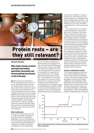 ● BREWING BIOCHEMISTRY
www.ibd.org.uk58 z Brewer and Distiller International November 2015
By Aaron Golston
With modern barley varieties
and improved malting
operations, the protein rest
during mashing may become
a relic of the past.
Protein rests were introduced in
the mashing process in order to to
further degrade the protein matrix in
the malted barley’s endosperm. This
was to allow better access for enzymes
to the starches contained within the
interstitial cavities and to ensure there
would be sufficient free amino nitrogen
(FAN) for yeast health, growth and rep-
lication. Historically, protein rests were
necessary because the malt was often
unevenly modified, contained high
protein levels or crop-to-crop water
sensitivity variations. Now with newer
barley varieties and improved malting
operations, this practice may need to
be reevaluated.
Malt modiﬁcation
To help clarify why protein rests may
no longer be needed, it would help
to revisit the topic of modification.
Modification is an all-encompassing
term that maltsters and brewers used
to describe the enzyme development,
endosperm breakdown and protein
solubilisation, in the malted barley
kernel. The level of modification is
characterized by the friability of the
malt, the fine/coarse (F/C) difference
and the soluble nitrogen ratio (SNR).
The friability is the ability of the malt
to be easily ground for the purposes
of mashing and it is measured us-
ing a friability meter. The friability
of the base malt should be around
90%. The F/C difference is the differ-
ence between the amount of extract
obtained from a congress mash with
finely-ground malt and one with
coarsely-ground malt. These two tests
are standardized by the ASBC and EBC
for easy comparison between brands
and types of malt. The F/C difference
should be less than 1.5% and ideally
around 0.6%. The SNR is a measure
of how much of the protein from the
barley’s endosperm is degraded to the
point of being soluble in the wort. The
higher the SNR, the higher the level of
modification of the malt. The SNR is
usually around 41 – 46% for pale base
malt.2
An important factor to consider in
recipe development is how well the
base malt is modified. In the United
States, a typical two-row pale malt
is going to meet the aforementioned
specifications. Friability, F/C differ-
ence and FAN levels are all sufficient
as the malt arrives from the maltster
to allow the protein rest to be skipped
and many brewers have eliminated the
protein rest as sufficient FAN levels
can be reached without it. In addi-
tion to the time and energy savings
from skipping the protein rest, some
research done at Carlsberg indicates
there may be another important rea-
son for its omission, namely Strecker
aldehyde formation1
. Most brewers
recognize that the term Strecker alde-
hyde and understand the correlation
between these compounds and the
potential negative impacts on flavour
stability in the final product.
Strecker aldehyde formation
The Strecker degradation was discov-
ered in 1862 by Adolph Strecker but
his work had nothing to do with beer
or food, in fact he only showed that the
degradation of alanine with alloxan
yielded CO2
and acetaldehyde. Work
published in 1927 by Neuberg and Ko-
bel described the destruction of amino
acids by some carbonyl compounds.
Schönberg, Moubasher, and Mostafa
later showed, in 1948, the degradation
of FAN into aldehydes after interaction
iStock.com/leezsnow
Protein rests – are
they still relevant?
Figure 1: Step mash with protein rest (blue line with circles) and step mash without protein test
(red line with circles)
Temp(°C)
80
75
70
65
60
55
50
45
0 20 40 60 80 100 120
Time (min)
 