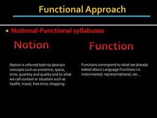  Notional-Functional syllabuses
Notion is referred both to abstract
concepts such as existence, space,
time, quantity and quality and to what
we call context or situation such as
health, travel, free time, shopping
Functions correspond to what we already
talked about Language Functions i.e.
instrumental, representational, etc..
 