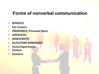 Forms of nonverbal communication
• KINESICS
• Eye Contact
• PROXEMICS/ Personal Space
• ARTIFACTS
• KINESTHETIC
• OLFACTORY DIMENSION
• Facial Expressions
• Posture
• Gestures
 
