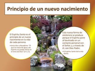Principio de un nuevo nacimiento
El Espíritu Santo es el
principio de un nuevo
nacimiento en la vida
de cada persona.
•Jesús dice a Nicodemo: “El
que no nazca de agua y de
Espíritu no puede entrar en
el reino de Dios” (Jn 3, 5).
Esta nueva forma de
existencia se produce
porque el Espíritu pone
al bautizado en un
contacto personal con
el Señor, y, a través de
él, con Dios Padre.
•El Espíritu Santo da la vida
divina.
 