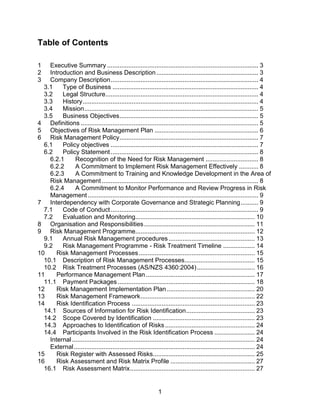 1
Table of Contents
1 Executive Summary ...................................................................................... 3
2 Introduction and Business Description.......................................................... 3
3 Company Description.................................................................................... 4
3.1 Type of Business ................................................................................... 4
3.2 Legal Structure....................................................................................... 4
3.3 History.................................................................................................... 4
3.4 Mission................................................................................................... 5
3.5 Business Objectives............................................................................... 5
4 Definitions ..................................................................................................... 5
5 Objectives of Risk Management Plan ........................................................... 6
6 Risk Management Policy............................................................................... 7
6.1 Policy objectives .................................................................................... 7
6.2 Policy Statement.................................................................................... 8
6.2.1 Recognition of the Need for Risk Management .............................. 8
6.2.2 A Commitment to Implement Risk Management Effectively ........... 8
6.2.3 A Commitment to Training and Knowledge Development in the Area of
Risk Management ......................................................................................... 8
6.2.4 A Commitment to Monitor Performance and Review Progress in Risk
Management ................................................................................................. 9
7 Interdependency with Corporate Governance and Strategic Planning.......... 9
7.1 Code of Conduct.................................................................................... 9
7.2 Evaluation and Monitoring.................................................................... 10
8 Organisation and Responsibilities............................................................... 11
9 Risk Management Programme.................................................................... 12
9.1 Annual Risk Management procedures ................................................. 13
9.2 Risk Management Programme - Risk Treatment Timeline .................. 14
10 Risk Management Processes.................................................................. 15
10.1 Description of Risk Management Processes........................................ 15
10.2 Risk Treatment Processes (AS/NZS 4360:2004)................................. 16
11 Performance Management Plan.............................................................. 17
11.1 Payment Packages .............................................................................. 18
12 Risk Management Implementation Plan .................................................. 20
13 Risk Management Framework................................................................. 22
14 Risk Identification Process ...................................................................... 23
14.1 Sources of Information for Risk Identification....................................... 23
14.2 Scope Covered by Identification .......................................................... 23
14.3 Approaches to Identification of Risks ................................................... 24
14.4 Participants Involved in the Risk Identification Process ....................... 24
Internal........................................................................................................ 24
External....................................................................................................... 24
15 Risk Register with Assessed Risks.......................................................... 25
16 Risk Assessment and Risk Matrix Profile ................................................ 27
16.1 Risk Assessment Matrix....................................................................... 27
 