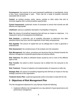 6
Consequence: the outcome of an event expressed qualitatively or quantitatively, being
a loss, injury, disadvantage or gain. There may be a range of possible outcomes
associated with an event.
Control: an existing process, policy, device, practise or other action that acts to
minimise negative risk or enhance positive opportunities.
Control Assessment: systematic review of processes to ensure that controls are still
effective and appropriate.
Likelihood: used as a qualitative description of probability or frequency.
Risk: the chance of something happening that will have an impact on objectives. It is
measured in terms of consequence and likelihood.
Risk Analysis: a systematic use of available information to determine how often
specified events may occur and the magnitude of their likely consequences.
Risk Appetite: The amount of capital that can be willingly lost in order to generate a
potential profit.
Risk Assessment: the overall process of risk analysis and risk evaluation.
Risk Management: the culture, processes and structures that are directed towards the
effective management of potential opportunities and adverse effects.
Risk Tolerance: the ability to withstand losses caused by one or more of the different
types of risk.
Risk Transfer: the extent to which insurance risk is shifted from the reinsured to the
reinsurer
Risk Treatment: Process of selection and implementation of measures to notify risk.
Strategic Risk: the chance of something happening that will have an impact on the key
strategic outcomes of the organisation.
Treatment Action Plan: a planned appropriate action to be taken to deal with the risk.
5 Objectives of Risk Management Plan
The risk management objectives for Juicy Sprouts include the following;
1. Implement effective risk management as a key element of good governance and
performance management.
 