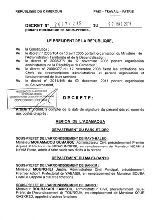 Paul Biya - Président du Cameroun - Décret N°2017/239 du 22 mai 2017 portant nomination de Sous-Préfets