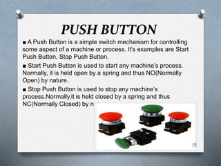 PUSH BUTTON
■ A Push Button is a simple switch mechanism for controlling
some aspect of a machine or process. It’s examples are Start
Push Button, Stop Push Button.
■ Start Push Button is used to start any machine’s process.
Normally, it is held open by a spring and thus NO(Normally
Open) by nature.
■ Stop Push Button is used to stop any machine’s
process.Normally,it is held closed by a spring and thus
NC(Normally Closed) by nature.
15
 