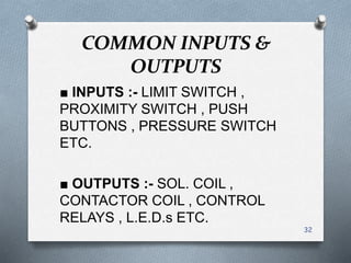 COMMON INPUTS &
OUTPUTS
■ INPUTS :- LIMIT SWITCH ,
PROXIMITY SWITCH , PUSH
BUTTONS , PRESSURE SWITCH
ETC.
■ OUTPUTS :- SOL. COIL ,
CONTACTOR COIL , CONTROL
RELAYS , L.E.D.s ETC.
32
 