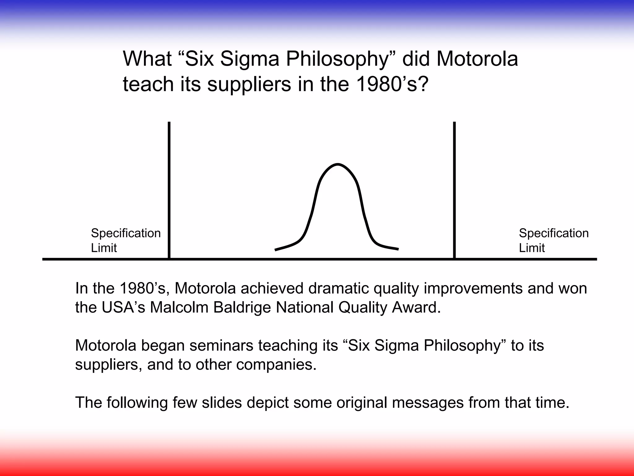What “Six Sigma Philosophy” did Motorola
teach its suppliers in the 1980’s?
In the 1980’s, Motorola achieved dramatic quality improvements and won
the USA’s Malcolm Baldrige National Quality Award.
Motorola began seminars teaching its “Six Sigma Philosophy” to its
suppliers, and to other companies.
The following few slides depict some original messages from that time.
Specification
Limit
Specification
Limit
 