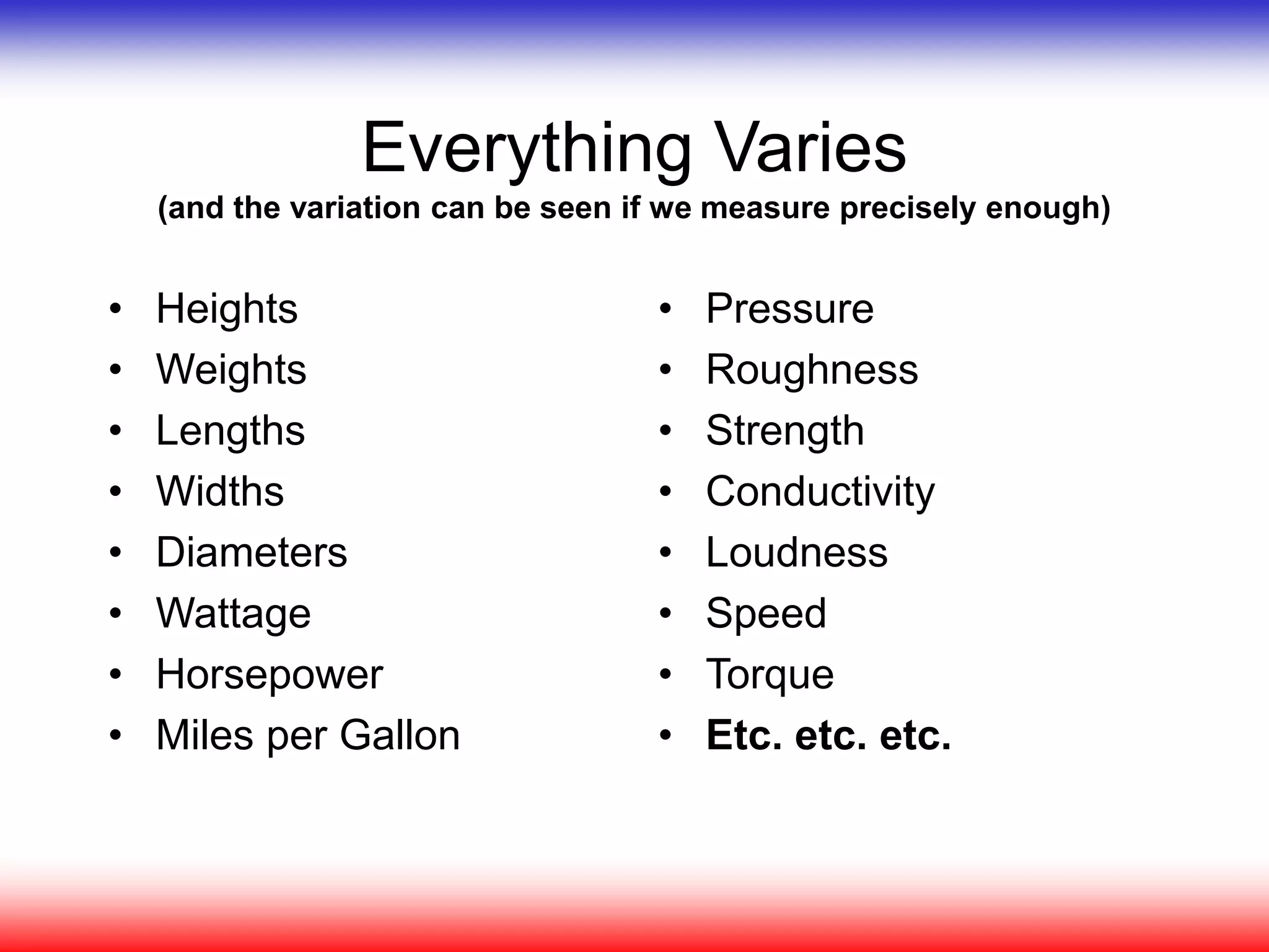 Everything Varies
(and the variation can be seen if we measure precisely enough)
• Heights
• Weights
• Lengths
• Widths
• Diameters
• Wattage
• Horsepower
• Miles per Gallon
• Pressure
• Roughness
• Strength
• Conductivity
• Loudness
• Speed
• Torque
• Etc. etc. etc.
 