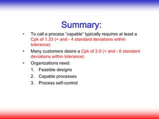 Summary:
• To call a process “capable” typically requires at least a
Cpk of 1.33 (+ and - 4 standard deviations within
tolerance)
• Many customers desire a Cpk of 2.0 (+ and - 6 standard
deviations within tolerance)
• Organizations need:
1. Feasible designs
2. Capable processes
3. Process self-control
 
