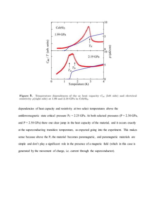 dependencies of heat capacity and resistivity at two select temperatures above the
antiferromagnetic state critical pressure PC = 2.25 GPa. At both selected pressures (P = 2.30 GPa,
and P = 2.58 GPa) there one clear jump in the heat capacity of the material, and it occurs exactly
at the superconducting transition temperature, as expected going into the experiment. This makes
sense because above the Pc the material becomes paramagnetic, and paramagnetic materials are
simple and don’t play a significant role in the presence of a magnetic field (which in this case is
generated by the movement of charge, i.e. current through the superconductor).
 