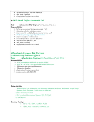  Successfully reduced rejection of material
 Man power Handling.
 Preparation of various checks sheets
3) M/S Amtek Tekfor Automotive Ltd.
Role : Production Shift Engineer.(15 FEB 2010 to 25 FEB 2011)
Responsibilities:
CNC programming and Setting on turning & VMC.
 Maintain production related documents
 Improvement in work Quality Assurance at various level
 Production planning as per dispatch schedule
 Improve shop floor work practices.
 Successfully reduced rejection of material
 Implementation of KAIZEN, 5S
 Man power Handling.
 Preparation of various checks sheets
4)Dominant Aerospace Ltd. Gurgaon
(sub branch of dominant offset )
Role : Production Engineer(25 July 2006 to 10th
feb. 2010)
Responsibilities:
 CNC programming and Setting on turning & VMC.
 HMC & VMC With 5 axis vmc plus hmc deckle maho 6 axis
 Maintain production related documents
 Man power Handling.
 Preparation of various checks sheets
 Implementation of KAIZEN, 5S
Extra Activities:
Knowledge of Q.C and familiar with measuring instrument like Venire, Micrometer, Height Gauge,
Hardness tester, Air gauge, Profile Projector, Cmm m/c
Active member of 5’s team
Well versed with International Standard ISO, TS 16949.
, TPM, Kaizen
Company Training:
 3’C’ & 5’S’ , TPM , , KAIZEN , POKA
 YOKE, FIRE FIGHTING and FIRST AID.
 