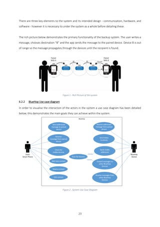 23
There are three key elements to the system and its intended design - communication, hardware, and
software - however it is necessary to under the system as a whole before detailing these.
The rich picture below demonstrates the primary functionality of the backup system. The user writes a
message, chooses destination “B” and the app sends the message to the paired device. Device B is out
of range so the message propagates through the devices until the recipient is found.
Figure 1 - Rich Picture of the system
6.2.2 BlueHop Use case diagram
In order to visualise the interaction of the actors in the system a use case diagram has been detailed
below; this demonstrates the main goals they can achieve within the system.
Users
Smart Phone
Send addressed
message to paired
device
Receive
message from paired
device
Check for
visible devices
Receive addressed
message from paired
phone
Send inbox
to phone
Send visible
addresses
Foward messages to
other BlueHop
Devices
Receive messages from
other BlueHop
Devices
BlueHop
Device
Add new contact
Delete contact
Edit contact
Scan for devices
<Extends>
<Extends>
Figure 2 - System Use Case Diagram
 