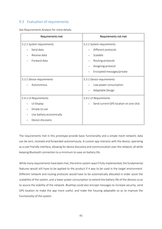 41
9.3 Evaluation of requirements
See Requirements Analysis for more details.
Requirements met Requirements not met
5.2.1 System requirements
- Send data
- Receive data
- Forward data
5.2.1 System requirements
- Different protocols
- Scalable
- Routing protocols
- Assigning protocol
- Encrypted messages/private
5.3.1 Device requirements
- Autonomous
5.3.1 Device requirements
- Low power consumption
- Adaptable Design
5.4.1 UI Requirements
- UI Display
- Simple to use
- Use battery economically
- Device discovery
5.4.1 UI Requirements
- Send current GPS location on one click
The requirements met in this prototype provide basic functionality and a simple mesh network; data
can be sent, received and forwarded autonomously. A custom app interacts with the device, operating
as a user friendly interface, allowing for device discovery and communication over the network, all while
keeping Bluetooth connection to a minimum to save on battery life.
While many requirements have been met, the entire system wasn’t fully implemented; the fundamental
features would still have to be applied to the product if it was to be used in the target environment.
Different network and routing protocols would have to be automatically allocated in order assist the
scalability of the system, and a lower power consumption to extend the battery life of the devices so as
to assure the stability of the network. BlueHop could also encrypt messages to increase security, send
GPS location to make the app more useful, and make the housing adaptable so as to improve the
functionality of the system.
 