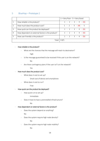 58
5 BlueHop – Prototype 2
1 = Very Poor - 5 = Very Good
1 How reliable is the product? 1 - 2 - 3 - 4 - |5|
2 How much does the product cost? 1 - 2 - 3 - |4| - 5
3 How quick can the product be deployed? 1 - 2 - 3 - 4 - |5|
4 How dependant on external factors is the product? 1 - 2 - 3 - 4 - |5|
5 How user friendly is the product? 1 - 2 - 3 - 4 - |5|
Total 4.8/5
- How reliable is the product?
- What are the chances that the message will reach its destination?
high
- Is the message guaranteed to be received if the user is on the network?
No
- Are there contingency plans if the user isn’t on the network?
Yes
- How much does the product cost?
- What does it cost to set up?
Small cost of device and smartphone
- What does it cost to run?
Free
- How quick can the product be deployed?
- How quick is it to set up?
Immediate
- Does it have to have a preinstalled infrastructure?
No
- How dependant on external factors is the product?
- Does the system depend on anything?
No
- Does the system require high node density?
No
- Does the system require high node mobility?
No
 