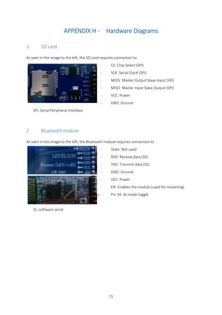 71
APPENDIX H - Hardware Diagrams
1 SD card
As seen in the image to the left, the SD card requires connection to
- CS: Chip Select (SPI)
- SCK: Serial ClocK (SPI)
- MOSI: Master Output Slave Input (SPI)
- MISO: Master Input Slave Output (SPI)
- VCC: Power
- GND: Ground
SPI: Serial Peripheral Interface
2 Bluetooth module
As seen in the image to the left, the Bluetooth module requires connection to
- State: Not used
- RXD: Receive data (SS)
- TXD: Transmit data (SS)
- GND: Ground
- VCC: Power
- EN: Enables the module (used for restarting)
- Pin 34: At mode toggle
SS: software serial
 