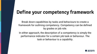 Define your competency framework
Break down capabilities by tasks and behaviours to create a
framework for outlining competency. Competency can be defined
by grades or job role.
In either approach, the description of a competency is simply the
performance indicator for a certain job task or behaviour. The
task or behaviour is a capability.
 