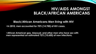HIV/AIDS AMONGST
BLACK/AFRICAN AMERICANS
Black/African Americans Men living with HIV
•In 2010, men accounted for 70% (14,700) of HIV cases.
•African American gay, bisexual, and other men who have sex with
men represented an estimated 72% (10,600) of new infections.
 