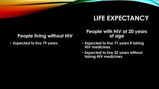 LIFE EXPECTANCY
People living without HIV
• Expected to live 79 years.
People with HIV at 20 years
of age
• Expected to live 71 years if taking
HIV medicines.
• Expected to live 32 years without
taking HIV medicines.
 