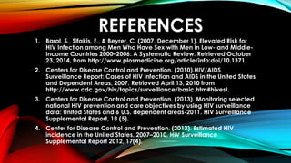 REFERENCES
1. Baral, S., Sifakis, F., & Beyrer, C. (2007, December 1). Elevated Risk for
HIV Infection among Men Who Have Sex with Men in Low- and Middle-
Income Countries 2000–2006: A Systematic Review. Retrieved October
23, 2014, from http://www.plosmedicine.org/article/info:doi/10.1371.
2. Centers for Disease Control and Prevention. (2010).HIV/AIDS
Surveillance Report: Cases of HIV infection and AIDS in the United States
and Dependent Areas, 2007. Retrieved April 13, 2010 from
http://www.cdc.gov/hiv/topics/surveillance/basic.htm#hivest.
3. Centers for Disease Control and Prevention. (2013). Monitoring selected
national HIV prevention and care objectives by using HIV surveillance
data: United States and 6 U.S. dependent areas-2011. HIV Surveillance
Supplemental Report, 18 (5).
4. Center for Disease Control and Prevention. (2012). Estimated HIV
incidence in the United States, 2007–2010. HIV Surveillance
Supplemental Report 2012, 17(4).
 