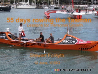 55 days rowing the Tasman
     Lessons for Personal Growth




      Stewart Forsyth
        12 June, IOSIG
 