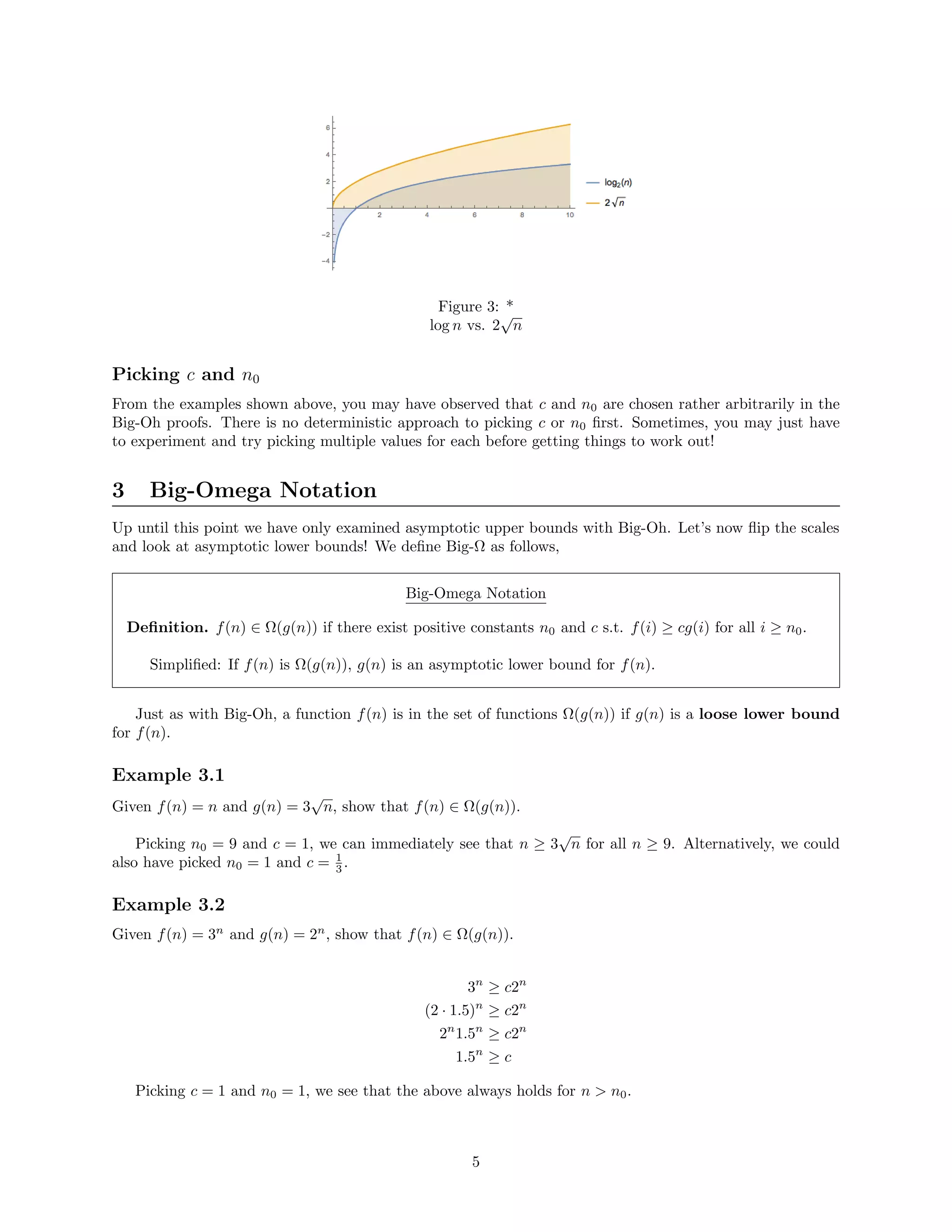 Figure 3: *
log n vs. 2
√
n
Picking c and n0
From the examples shown above, you may have observed that c and n0 are chosen rather arbitrarily in the
Big-Oh proofs. There is no deterministic approach to picking c or n0 ﬁrst. Sometimes, you may just have
to experiment and try picking multiple values for each before getting things to work out!
3 Big-Omega Notation
Up until this point we have only examined asymptotic upper bounds with Big-Oh. Let’s now ﬂip the scales
and look at asymptotic lower bounds! We deﬁne Big-Ω as follows,
Big-Omega Notation
Deﬁnition. f(n) ∈ Ω(g(n)) if there exist positive constants n0 and c s.t. f(i) ≥ cg(i) for all i ≥ n0.
Simpliﬁed: If f(n) is Ω(g(n)), g(n) is an asymptotic lower bound for f(n).
Just as with Big-Oh, a function f(n) is in the set of functions Ω(g(n)) if g(n) is a loose lower bound
for f(n).
Example 3.1
Given f(n) = n and g(n) = 3
√
n, show that f(n) ∈ Ω(g(n)).
Picking n0 = 9 and c = 1, we can immediately see that n ≥ 3
√
n for all n ≥ 9. Alternatively, we could
also have picked n0 = 1 and c = 1
3 .
Example 3.2
Given f(n) = 3n
and g(n) = 2n
, show that f(n) ∈ Ω(g(n)).
3n
≥ c2n
(2 · 1.5)n
≥ c2n
2n
1.5n
≥ c2n
1.5n
≥ c
Picking c = 1 and n0 = 1, we see that the above always holds for n > n0.
5
 