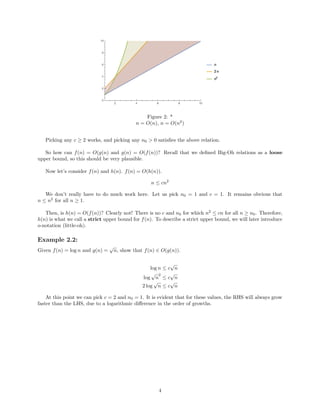 Figure 2: *
n = O(n), n = O(n2
)
Picking any c ≥ 2 works, and picking any n0 > 0 satisﬁes the above relation.
So how can f(n) = O(g(n) and g(n) = O(f(n))? Recall that we deﬁned Big-Oh relations as a loose
upper bound, so this should be very plausible.
Now let’s consider f(n) and h(n). f(n) = O(h(n)).
n ≤ cn2
We don’t really have to do much work here. Let us pick n0 = 1 and c = 1. It remains obvious that
n ≤ n2
for all n ≥ 1.
Then, is h(n) = O(f(n))? Clearly not! There is no c and n0 for which n2
≤ cn for all n ≥ n0. Therefore,
h(n) is what we call a strict upper bound for f(n). To describe a strict upper bound, we will later introduce
o-notation (little-oh).
Example 2.2:
Given f(n) = log n and g(n) =
√
n, show that f(n) ∈ O(g(n)).
log n ≤ c
√
n
log
√
n
2
≤ c
√
n
2 log
√
n ≤ c
√
n
At this point we can pick c = 2 and n0 = 1. It is evident that for these values, the RHS will always grow
faster than the LHS, due to a logarithmic diﬀerence in the order of growths.
4
 