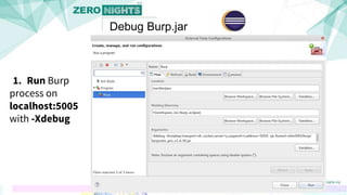 1. Run Burp
process on
localhost:5005
with -Xdebug
Debug Burp.jar
 