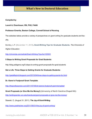 39nursing.jhu.edu/inden ANDER ● FEB 2016 ● Vol. 5 Number 1 ●
Compiled by
Laurel A. Eisenhauer, RN, PhD, FAAN
Professor Emerita, Boston College, Connell School of Nursing
The websites below provide a variety of perspectives on grant writing for graduate students and fac-
ulty.
Bentley, L.P. (November 11, 2010). Grant-Writing Tips for Graduate Students. The Chronicle of
Higher Education:
http://chronicle.com/article/Grant-Writing-Tips-for/125301
5 Steps to Writing Grant Proposals for Grad Students:
http://blog.addgene.org/5-steps-to-writing-grant-proposals-for-grad-students
Get a Life: Three Steps to Getting Grants for Graduate Students:
http://getalifephd.blogspot.com/2015/04/three-steps-to-getting-grants-for.html
Dr. Karen’s Foolproof Grant Template:
http://theprofessorisin.com/2011/07/05/dr-karens-foolproof-grant-template/
Grant Proposals (or Give Me the Money!) (University of North Carolina Chapel Hill):
http://writingcenter.unc.edu/handouts/grant-proposals-or-give-me-the-money/
Stawski, C. (August 31, 2011). The Joy of Grant Writing:
http://www.gradhacker.org/2011/08/31/the-joy-of-grant-writing/
What’s New in Doctoral Education
 