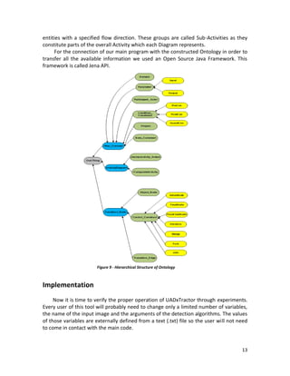 13
entities with a specified flow direction. These groups are called Sub-Activities as they
constitute parts of the overall Activity which each Diagram represents.
For the connection of our main program with the constructed Ontology in order to
transfer all the available information we used an Open Source Java Framework. This
framework is called Jena API.
Implementation
Now it is time to verify the proper operation of UADxTractor through experiments.
Every user of this tool will probably need to change only a limited number of variables,
the name of the input image and the arguments of the detection algorithms. The values
of those variables are externally defined from a text (.txt) file so the user will not need
to come in contact with the main code.
Figure 9 - Hierarchical Structure of Ontology
 