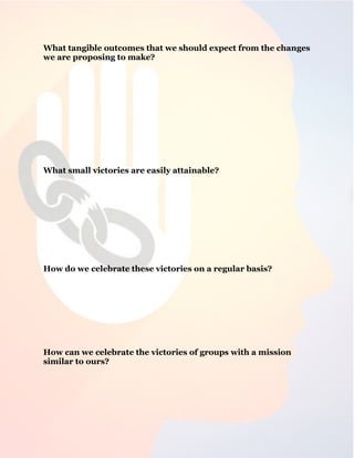 23
What tangible outcomes that we should expect from the changes
we are proposing to make?
What small victories are easily attainable?
How do we celebrate these victories on a regular basis?
How can we celebrate the victories of groups with a mission
similar to ours?
 