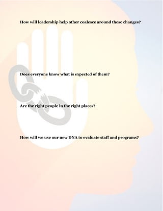 25
How will leadership help other coalesce around these changes?
Does everyone know what is expected of them?
Are the right people in the right places?
How will we use our new DNA to evaluate staff and programs?
 