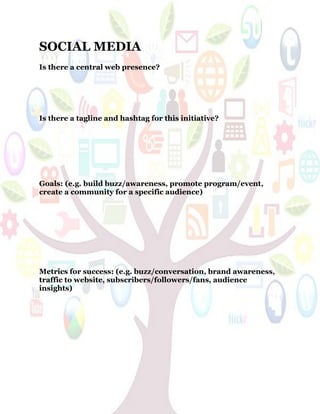 56
SOCIAL MEDIA
Is there a central web presence?
Is there a tagline and hashtag for this initiative?
Goals: (e.g. build buzz/awareness, promote program/event,
create a community for a specific audience)
Metrics for success: (e.g. buzz/conversation, brand awareness,
traffic to website, subscribers/followers/fans, audience
insights)
 