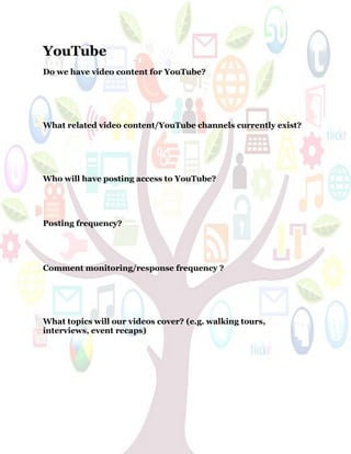 64
YouTube
Do we have video content for YouTube?
What related video content/YouTube channels currently exist?
Who will have posting access to YouTube?
Posting frequency?
Comment monitoring/response frequency ?
What topics will our videos cover? (e.g. walking tours,
interviews, event recaps)
 