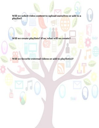 65
Will we solicit video content to upload ourselves or add to a
playlist?
Will we create playlists? If so, what will we create?
Will we favorite external videos or add to playlist(s)?
 