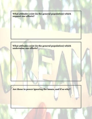 7
What attitudes exist (in the general population) which
support our efforts?
What attitudes exist (in the general population) which
undermine our efforts?
Are those in power ignoring the issues, and if so why?
 