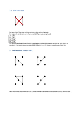 3.2 Het kruis zelf.
De twee foute lijnenvanhetkruissnijdenelkaaraltijddiagonaal.
De volgende combinatie parenkunnenuitditfiguurwordengehaald:
AD BC
DA BC
AD CB
DA CB
Alsheteerste paarwordt gevondenbijvoorbeeldADenverderopkomthetpaarBC voor dan iser
eenkruis.Voorbeeldde combinatie ADCBE.AD ziterinen CB duseenkruisduseenfoute lijn.
4 Omtrekkenvan de rest.
Deze puntenverzamelingenvan4 uit5 gevengeenkruisenalleendriehoekenenzijndusonbruikbaar.
 