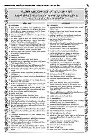 Informativo PARÓQUIA DE NOSSA SENHORA DA CONCEIÇÃO 3
NOSSOS PAROQUIANOS ANIVERSARIANTES
Parabéns! Que Deus te ilumine, te guie e te proteja em todos os
dias da tua vida. Feliz Aniversário!
MÊS DE MAIO
DIA	PAROQUIANOS
	1 -	Janete Resende Jales da Silveira, Alisson André Rodrigues, Cosme
Rodrigues Lopes, Josilene Cristina Sant’na, Larissa Anacleto de
Andrade, Guilherme Nogueira da Conceição, Bruno Félix Cipriano,
Aparecida Cristina Martins, Conceição da Cunha.
	2 -	 MárcioLopesMoreira,MauríliaJosédaCosta,IvaniceAp.deCarvalho,
João batista Barbosa.
	3 -	Vera Martins Fagundes de Oliveira, José Adalberto de Freitas, Maria
Rosa Lana, Eloisa Martins Alves de Jesus, Edlaine Ap. Teixeira Oliveira,
Ana Karina Milagres Fialho, Emiliano Gomes da Silva.
	4 - 	MariaJanuáriaAdrianodePaula,NaturaSilvaRodrigues Norgang,Paulo
CezarAquino,LaurindoCarlosdeJesus,CleliaMariaFélix,JoãoBatista.
	5 -	 MariaAugustaLealLopes,VaninhaRibasMoreira,Denis LucasMacedo,
Carlos Vicente, Cenira Vitoria, Maria da Conceição L. Oliveira.
	6 -	Adma Eloisa Oliveira Lopes, João Batista Santiago, Maria Aparecida
do Carmo, Maria Imaculada de Oliveira.
	7 -	 Maria Lopes Lea.
	8 -	 Maria Ap. da Costa Moreira.
	9 -	 Maria Neuza Diniz da Paixão, Antônio Ferreira Miranda.
10 -	 Antônio Gonçalves da C., Fábio Miranda Costa, Renan Antônio da Silva
Fidelis, Sebastião Acácio, Vicente Fialho.
11-MariaAp.daSilva,MariadoRosárioAguiardaSilva,JussaradeOliveira
Silva Moreira, Sebastiana Auxiliadora Rezende, Viviane da Silva.
12 - Reinaldo Antônio de Oliveira, Maria da Penha do Carmo, Ildeu Pereira
Milagres.
13 - Efigênia Anastácio da Silva, Joaquim Tristão de Miranda, Elaine dos
Reis Milagres.
14 -	 GeraldaMariadeFreitas,LucianaAp.JuniorDamião, MariaAp.Monteiro
do Carmo.
15 - José Marcelino Lopes, João Batista Miranda, Maria da Conceição
Arnaldo Barros, João Batista Vitorino.
16 -	 Pe.WantuilGonzagaJúnior,LucasRodrigues,Rogéria LinoLemos,Carla
Miranda Otávio, Adalberto Carlos Costa.
17 -	José Arlindo Lopes, Edinho Pascoal de Oliveira, Maria Ap.C. Lopes,
TerezinhadeJesusM.David,EliAdãoFerreira, JoséMauríliodeOliveira.
18 -	 José Martins de Oliveira, Tatiane dos Santos Freitas .
19 -	 Marlúcia Ferreira Lopes.
20 -	 Adair Cupertino, José Ebis Lopes, Maria Helena Saraiva.
21 -	Eliane Ozebia Caetano da Silva, Selma Regina dos Santos,
Admilson de Oliveira.
22 -	 Rita de Cássia Pereira, Milton Fidelis Alves, Manoelina Paula de Souza.
23 -	 Silvio dos Santos Lelis, Jucilene Fonseca, Josinei Moreira Miranda,.
24 -	 JoséLúcioCardoso,JoãoTadeu,MªdaConceiçãoSales Saraiva,Maria
Auxiliadora Moreira Bitencourt.
25 -	 MariaMadalenaPereiraSoares,MercêsSouzaLopes, ElioLopesDuarte.
26 -	 RaimundoHorácio,AparecidaMartinsJalles,Gilciano,DorcelinaMoreira
Queiroz,
27 -	Graziele Lopes Rezende,Osvaldoda Cruz Santos, Joana Darc Manja,
Soraia de Oliveira.
28 -	Filomena Madalena Evangelista, Maria da Glória Castro Damasceno,
Omar Nogueira Fialho, Maria das Graças Pereira Fialho.
29 -	 Alacir Costa, Regilaine Gessica do Carmo, Maria Madalena de Oliveira,
José Miranda Mayer Sonia Ap. Galdino.
30 -	 Valdinei Fidelis da Silva, Bruna Júlia de Freitas, José Felix Saraiva.
31 -	Sebastião Teixeira do Nascimento, Isabel Ribas, Donizete Lopes de
Almeida
MÊS DE JUNHO
DIA	PAROQUIANOS
1 -	 Sebastião Lopes Faria Pinto, Fernanda Aparecida Fonseca, Fernando
Antônio Fonseca.
2 -	 Maria H. do Carmo de Freitas, Jamilson Neves de Souza, Maria
Vitória Nogueira de Jesus.
3 -	 Irmã Maria Chiara da Divina Eucaristia, Custódio Lopes Miranda,
Claudia Maria Saraiva Bittencourt, Adalberto Isael.
4 -	 José Mauro da Silva, Marco Antônio Araújo,
Ana Maria Cipriano Oliveira.
5 -	 João Batista Ferreira Ramos, Elza Pereira Fialho Rezende, Jaqueline
Aparecida da Silva, José Maier Filho, Maria Trindade Maia,
Paulo Roberto Gordiano, Adenise de Fátima da Silva.
6 -	 Maria do Carmo A. dos Santos, Geraldo Norberto Barbosa.
7 -	 Maria do Carmo A. dos Santos, Geraldo Norberto Barbosa.
8 -	 Irmã Margarete Maria de Jesus Hóstia, Ariele Pereira Lopes,
Aparecida das Dores Fonseca, Mônica Rodrigues do Carmo,
Maria Aparecida Rosa de Paula, José Afonso de Paula.
9 -	 Lourdes dos Santos Magalhães, Maria Aparecida Silva,
Valmiro Stanciole, Vicente Fideles, Luciana Dias.
10 -	 Margarida Augusta, Sônia Maria das Dores O. Miranda, Maria
do Carmo de Jesus Miranda, Márcio Gomes de Lima, Maria da
Conceição Queiroz, Maria Vendalina de S. Oliveira, Célia Regina
Damasceno, Raimunda Celeste de Arruda, Sebastião Claudio Félix.
11 -	 Norval Pinto Saraiva, Sebastiana Aparecida de Oliveira,
Alverinda Ferreira Rodrigues.
12 -	 José Balbino de Miranda, Maria das Graças Fabiano
13 -	 Eliana Fialho Miranda, Dayvison Leonidas Fonseca.
14 -	 Satiro Basílio Mayer, Patrícia Balbino da Silva, Andrews Wiliam
Ferreira.
16 -	 Renato Simões de Miranda, Marcos Viana, Luzia Rodrigues,
Maria da Conceição Silva Leocádio, Eva Maria de Jesus Costa.
17 -	 Maria Tereza C. Donato, Antônio Carlos Alves, José Sebastião de
Barros, José Carlos da Silva, José Elias de Oliveira,
Iolanda Oliveira Fialho.
18 -	 Cristiano R. da Silva, Luzia Marina da Silva, Maria Lúcia Damasceno,
Maria Esperides Oliveira, Adair Arlindo de Assis.
19 -	 Izabel M. Santana Lelis, José Pinto de Oliveira
20 -	 Cor Jesus dos Santos.
21 -	 Deborah Cristina Donizete, Ana Marina Miranda, Vicente Inácio, Maria
dos Anjos F. de Oliveira, Adha Jherusa Santana Vitor.
22 -	 Maria Aparecida Pereira, Elenice Donizete de Souza Duarte.
23 -	 Maria Agripina Matheus, Maria da Conceição P. Horácio, Joana Vieira,
Maria Agripina Pena de Oliveira.
24 -	 João Batista Corrêa, Maria do Carmo Lopes F. Moreira.
25 -	 João Paulo da Silva, José Alves de Freitas.
26 -	 Maria da Glória Alves Pereira, Vicentina Teixeira Pio, Maria de Fátima
Evaristo, João Batista, Maria da Conceição Rodrigues, Edilaine
Batista Pereira.
27 -	 Maria Imaculada do Carmo, José Geraldo Pereira Milagres,
Benedito de Oliveira Neto, Géssica da Silva Lopes.
28 -	 Afonso Pedro Marçal, Maria Aparecida Costa.
29 -	 Celestina de Paula Pereira.
30 -	 Alemar Gomes Teixeira, Mauro Gilmar da Silveira.
 