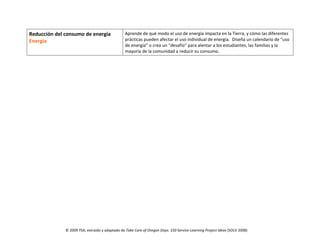 © 2009 YSA; extraído y adaptado de Take Care of Oregon Days: 150 Service-Learning Project Ideas (SOLV 2008)
Reducción del consumo de energía
Energía
Aprende de qué modo el uso de energía impacta en la Tierra, y cómo las diferentes
prácticas pueden afectar el uso individual de energía. Diseña un calendario de “uso
de energía” o crea un “desafío” para alentar a los estudiantes, las familias y la
mayoría de la comunidad a reducir su consumo.
 