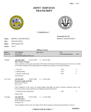 Page of1
05/08/2015
** PROTECTED BY FERPA **
7
BROWN, ADAM RUSSELL
XXX-XX-XXXX
Staff Sergeant (E6)
BROWN, ADAM RUSSELL
Transcript Sent To:
Name:
SSN:
Rank:
JOINT SERVICES
TRANSCRIPT
**UNOFFICIAL**
Military Courses
ActiveStatus:
Military
Course ID
ACE Identifier
Course Title
Location-Description-Credit Areas
Dates Taken ACE
Credit Recommendation Level
Basic Combat Training:
Upon completion of the course, the student will be able to demonstrate the skills necessary for survival in a combat
environment including marksmanship, physical conditioning, navigation, and combat techniques.
AR-2201-0399750-BT 23-AUG-2002 24-OCT-2002
First Aid
Marksmanship
Physical Conditioning
L
L
L
1 SH
2 SH
2 SH
Petroleum Supply Specialist:
Army Recruiter:
AR-1601-0075
AR-1406-0103
28-OCT-2002
07-JUL-2008
23-JAN-2003
21-AUG-2008
Upon completion of the course, the student applies knowledge and skills to perform operations tasks in the
receiving, storing, issuing, dispensing, and shipping of petroleum products.
Upon completion of the course, the student will be able to prospect, develop sales presentations, interview
821-77F10
501-SQI4
Quartermaster School
Recruit & Retention School
Ft Lee VA
Ft Jackson SC
Petroleum Systems Operations 3 SH V
(10/02)(10/02)
(9/04)(12/06)
to
to
to
 