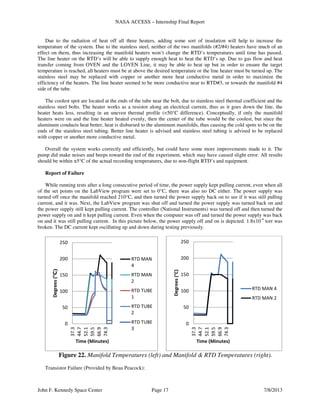 NASA ACCESS – Internship Final Report
John F. Kennedy Space Center Page 17 7/8/2013
Due to the radiation of heat off all three heaters, adding some sort of insulation will help to increase the
temperature of the system. Due to the stainless steel, neither of the two manifolds (#2/#4) heaters have much of an
effect on them, thus increasing the manifold heaters won’t change the RTD’s temperatures until time has passed.
The line heater on the RTD’s will be able to supply enough heat to heat the RTD’s up. Due to gas flow and heat
transfer coming from OVEN and the LOVEN Line, it may be able to heat up but in order to ensure the target
temperature is reached, all heaters must be at above the desired temperature or the line heater must be turned up. The
stainless steel may be replaced with copper or another more heat conductive metal in order to maximize the
efficiency of the heaters. The line heater seemed to be more conductive near to RTD#3, or towards the manifold #4
side of the tube.
The coolest spot are located at the ends of the tube near the bolt, due to stainless steel thermal coefficient and the
stainless steel bolts. The heater works as a resistor along an electrical current, thus as it goes down the line, the
heater heats less, resulting in an uneven thermal profile (<50°C difference). Conceptually, if only the manifold
heaters were on and the line heater heated evenly, then the center of the tube would be the coolest, but since the
aluminum conducts heat better, heat is disbursed to the aluminum manifolds, thus causing the cold spots to be on the
ends of the stainless steel tubing. Better line heater is advised and stainless steel tubing is advised to be replaced
with copper or another more conductive metal.
Overall the system works correctly and efficiently, but could have some more improvements made to it. The
pump did make noises and beeps toward the end of the experiment, which may have caused slight error. All results
should be within ±5°C of the actual recording temperatures, due to non-flight RTD’s and equipment.
Report of Failure
While running tests after a long consecutive period of time, the power supply kept pulling current, even when all
of the set points on the LabView program were set to 0°C, there was also no DC either. The power supply was
turned off once the manifold reached 210°C, and then turned the power supply back on to see if it was still pulling
current, and it was. Next, the LabView program was shut off and turned the power supply was turned back on and
the power supply still kept pulling current. The controller (National Instruments) was turned off and then turned the
power supply on and it kept pulling current. Even when the computer was off and turned the power supply was back
on and it was still pulling current. In this picture below, the power supply off and on is depicted. 1.8x10-4
torr was
broken. The DC current kept oscillating up and down during testing previously.
Transistor Failure (Provided by Beau Peacock):
0
50
100
150
200
250
37.3
44.7
52.1
59.5
66.9
74.3
Degrees(°C)
Time (Minutes)
RTD MAN
4
RTD MAN
2
RTD TUBE
1
RTD TUBE
2
RTD TUBE
3
0
50
100
150
200
250
37.3
44.7
52.1
59.5
66.9
74.3
Degrees(°C)
Time (Minutes)
RTD MAN 4
RTD MAN 2
Figure 22. Manifold Temperatures (left) and Manifold & RTD Temperatures (right).
 