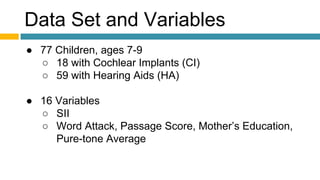 Data Set and Variables
● 77 Children, ages 7-9
○ 18 with Cochlear Implants (CI)
○ 59 with Hearing Aids (HA)
● 16 Variables
○ SII
○ Word Attack, Passage Score, Mother’s Education,
Pure-tone Average
 