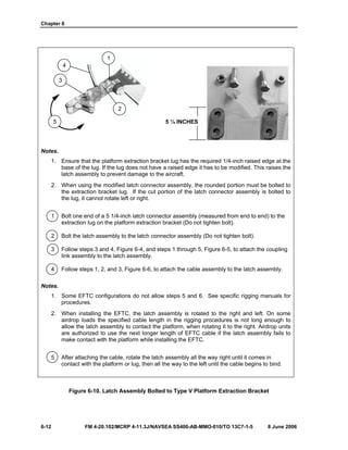 Chapter 6
6-12 FM 4-20.102/MCRP 4-11.3J/NAVSEA SS400-AB-MMO-010/TO 13C7-1-5 8 June 2006
Notes.
1. Ensure that the platform extraction bracket lug has the required 1/4-inch raised edge at the
base of the lug. If the lug does not have a raised edge it has to be modified. This raises the
latch assembly to prevent damage to the aircraft.
2. When using the modified latch connector assembly, the rounded portion must be bolted to
the extraction bracket lug. If the cut portion of the latch connector assembly is bolted to
the lug, it cannot rotate left or right.
1 Bolt one end of a 5 1/4-inch latch connector assembly (measured from end to end) to the
extraction lug on the platform extraction bracket (Do not tighten bolt).
2 Bolt the latch assembly to the latch connector assembly (Do not tighten bolt).
3 Follow steps 3 and 4, Figure 6-4, and steps 1 through 5, Figure 6-5, to attach the coupling
link assembly to the latch assembly.
4 Follow steps 1, 2, and 3, Figure 6-6, to attach the cable assembly to the latch assembly.
Notes.
1. Some EFTC configurations do not allow steps 5 and 6. See specific rigging manuals for
procedures.
2. When installing the EFTC, the latch assembly is rotated to the right and left. On some
airdrop loads the specified cable length in the rigging procedures is not long enough to
allow the latch assembly to contact the platform, when rotating it to the right. Airdrop units
are authorized to use the next longer length of EFTC cable if the latch assembly fails to
make contact with the platform while installing the EFTC.
5 After attaching the cable, rotate the latch assembly all the way right until it comes in
contact with the platform or lug, then all the way to the left until the cable begins to bind.
Figure 6-10. Latch Assembly Bolted to Type V Platform Extraction Bracket
5 ¼ INCHES
1
2
4
5
3
 