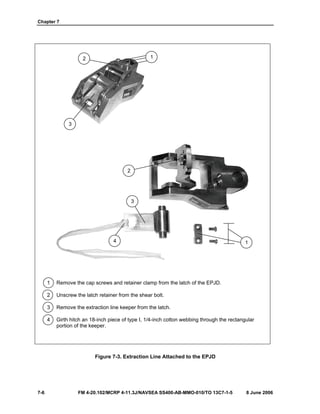 Chapter 7
7-6 FM 4-20.102/MCRP 4-11.3J/NAVSEA SS400-AB-MMO-010/TO 13C7-1-5 8 June 2006
1 Remove the cap screws and retainer clamp from the latch of the EPJD.
2 Unscrew the latch retainer from the shear bolt.
3 Remove the extraction line keeper from the latch.
4 Girth hitch an 18-inch piece of type I, 1/4-inch cotton webbing through the rectangular
portion of the keeper.
Figure 7-3. Extraction Line Attached to the EPJD
1
3
4
2
12
3
 