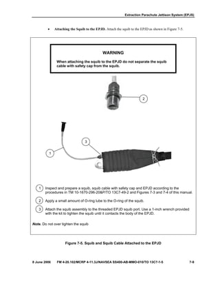 Extraction Parachute Jettison System (EPJS)
8 June 2006 FM 4-20.102/MCRP 4-11.3J/NAVSEA SS400-AB-MMO-010/TO 13C7-1-5 7-9
• Attaching the Squib to the EPJD. Attach the squib to the EPJD as shown in Figure 7-5.
WARNING
When attaching the squib to the EPJD do not separate the squib
cable with safety cap from the squib.
1 Inspect and prepare a squib, squib cable with safety cap and EPJD according to the
procedures in TM 10-1670-296-20&P/TO 13C7-49-2 and Figures 7-3 and 7-4 of this manual.
2 Apply a small amount of O-ring lube to the O-ring of the squib.
3 Attach the squib assembly to the threaded EPJD squib port. Use a 1-inch wrench provided
with the kit to tighten the squib until it contacts the body of the EPJD.
Note. Do not over tighten the squib
Figure 7-5. Squib and Squib Cable Attached to the EPJD
2
3
1
 